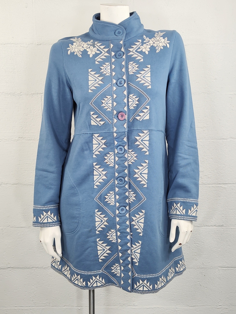 Coldwater Creek Blue Embroidered Button-Front Tunic Sweatshirt